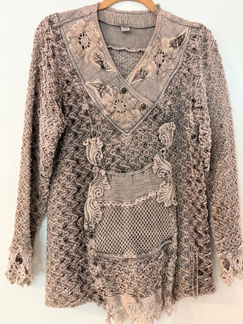 Whimsigoth Witchcore Crochet Lace Sweater Floral Applique Art to Wear S